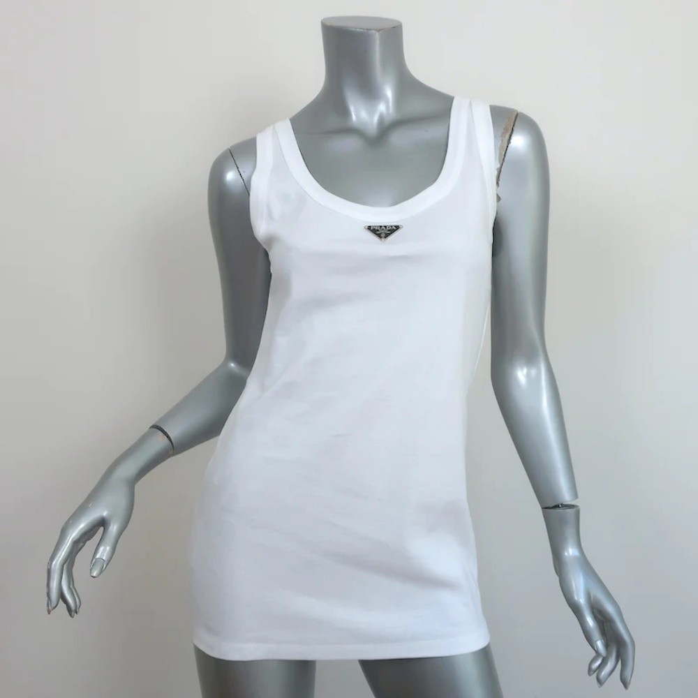 Prada Triangle Logo Tank Top White Cotton Jersey Size 40 New - Picture 1 of 8
